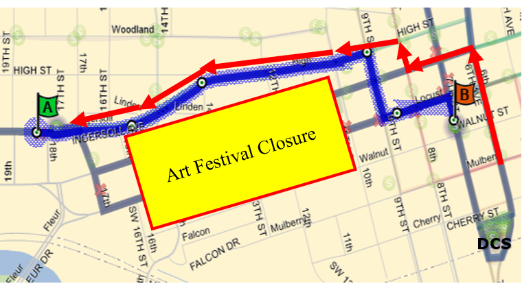 Map of Art Fest Detour Route 11 and 60