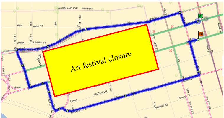 Map of Art Fest Detour Routes 98, 99, DLINE