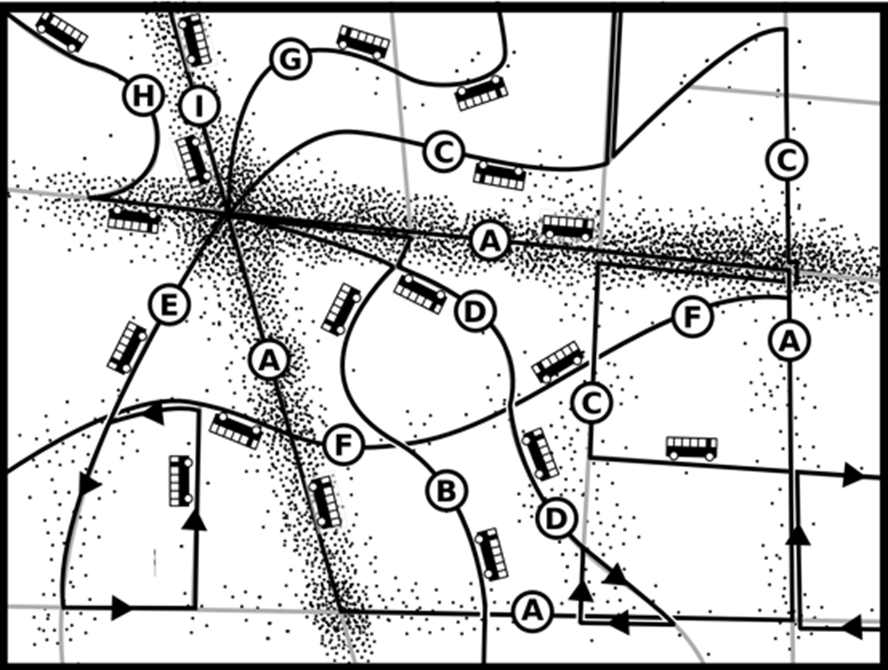 Diagram of a transit network designed for wide coverage