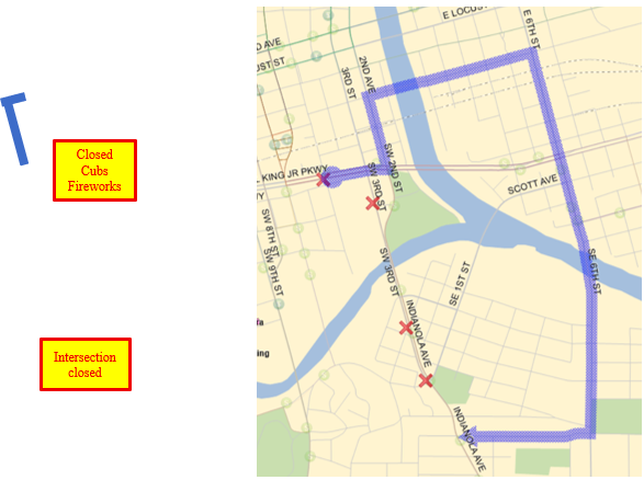 6 Outbound 9:30pm to 10:30pm:  MLK (E), Left (N) on 2nd Ave, Right (E) on Court, Right (S) on E 6th, Right (W) on Hartford, Left (N) on Indianola  back to route. 6 Inbound 7pm to 10:30pm: Indianola (S), Right (E) on Hartford, Left (N) on SE 6th, Left (W) on E Court, Left (S) on 3rd, Right (W) on MLK back to route.