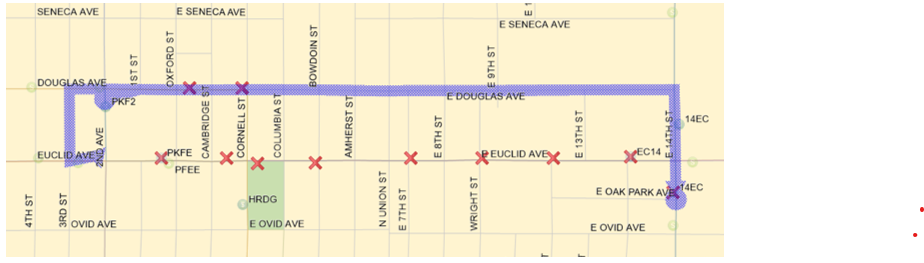 4 Outbound:  E 14th (N), Left  (W) on Douglas, Left (S) on 3rd, Left (N) on 2nd Ave to inbound detour. 4 Inbound:  2nd Ave (N), Right (E) on Douglas, Right (S) on E 14th back to route.