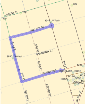 To DCS: 7th ST (S), Right (W) on Walnut, Left (S) on 9th continue along left side of bridge to Cherry, Left (E) on Cherry to DCS.