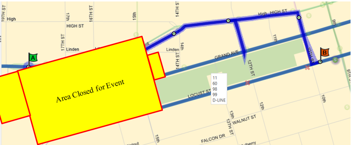 60 Ingersoll: Grand (W), Right (N) on 12th, Left (W) on High, Continue to Ingersoll, back on route 60 University: Ingersoll (E), continue to High, Right (S) on 10th, Left (E) on Locust, back on route