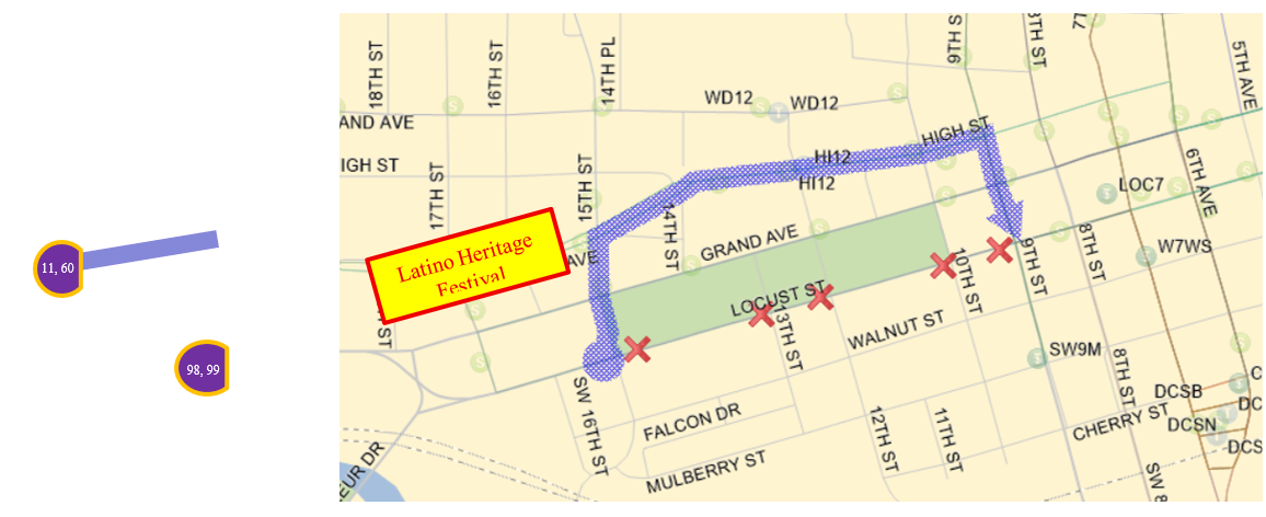 11, & 60Uni Eastbound:  Ingersoll (E), Continue on High, Right (S) on 9th, Left (E) on Locust back to route. 11, & 60Uni Eastbound:  Locust (E), Left (N) on 15th, Right on Ingersoll/High, Right (S) on 9th, Left (E) on Locust back to route.