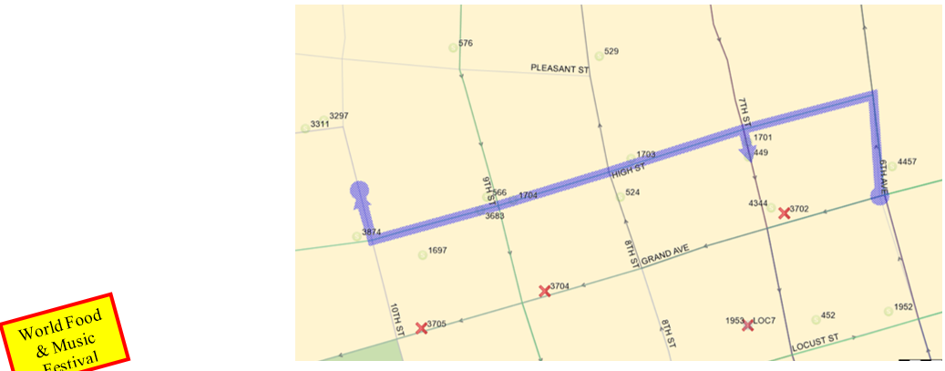  5 Outbound: 6th (N), Left (W) High, Right (N) on 10th, Left (W) on Woodland back on route. 5 Inbound: 10th (S), Left (E) on High, Right (S) on 7th to DCS.