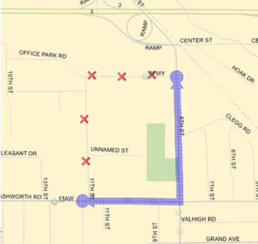 96 AM:  Ashworth Rd East, Left (N) on 8th back to route.  96 PM:  8th South, Right (W) on Ashworth back to route.