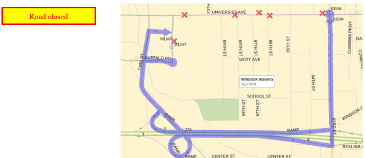 Outbound:  University (W), Left (S) on 63rd, R onto I-235 West, Exit 3 to 73rd, Left (N) on 73rd, Right (E) on Apple Valley by B-Bops to bus stop. Inbound:  Bus stop Walmart, Left (W) on Apple Valley by B-Bops, Left (S) on 73rd, Right onto I-235 East, Exit 4 to 63rd, Left (N) on 63rd, Right (E) on University back to route.