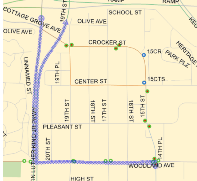  14 Outbound to Mall:  15th North, Left (W) on Woodland, Right (N) on MLK to 19th back to route. 14 Inbound:  MLK South, Left (E) on Woodland, Right (S) on 15th back to route.