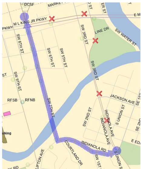 6 Outbound to Mall:  SW 7th (S), Left (E) on Indianola Rd, Right (S) on Indianola Ave back to route. 6 Inbound to DCS:  Indianola Ave (N), Left (W) on Indianola Rd, Right (N) on SW 7th to DCS.