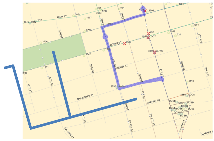 Routes 1,3,4,5,10,11,14,15,16,17,52, & 60’s  1,3,4,10,14,15,16,17,52,60 Ing, Link to DCS:  7th (South), Right (W) on Grand, Left (S) on 9th, Left (E) on Mulberry, Right (S) on 7th to DCS. 5 to DCS: 10th (S), Left (E) on Cherry to DCS. 11,14, & 60Uni to DCS:  Locust (E), Right (S) on 12th Left (E) on Cherry to DCS.