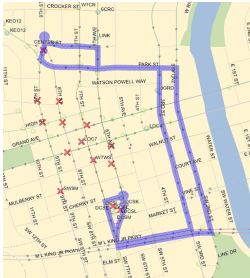 Tuesday April 21, 2026 4:00pm to 8:00pm 16 Inbound: From 9th (S), Left (E) on Keo Way/Park, Right (S) on 3rd, Right (W) on MLK, Right (N) on SW 6th to DCS. 16 Outbound: From DCS, 7th (S), Left (E) on MLK, Left (N) on 2nd Ave, left (W) on Watson Powell, Right (N) on 6th Ave, Left (W) on Center, Right (N) on 9th back to route.