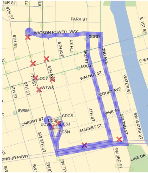 Tuesday April 21, 2026 4:00pm to 8:00pm 3, 15, 17, & 52: Inbound: From 7th (S), Left (E) on Watson Powell, Right (S) on 3rd, Right (W) on MLK, Right (N) on SW 6th to DCS.   Outbound: From DCS, 7th (S) Left (E) on MLK, Left (N) on 2nd Ave, Left (W) on Watson Powell, Right (N) on 6th Ave back to route.