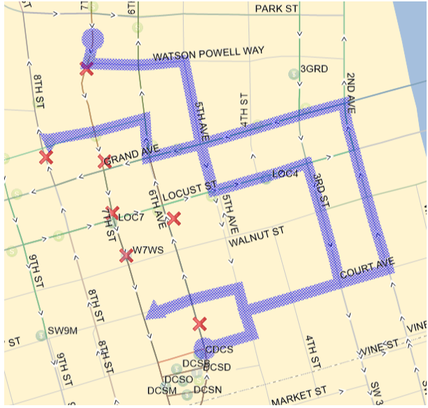 Tuesday April 21, 2026 4:00pm to 8:00pm Link: 7th (S), Left (E) on Watson Powell, Right (S) on 5th Ave, Left (E) on Locust, Right (S) on 3rd, Right (W) on Court, Right (N) on 5th Ave, Left (W) on Mulberry, Left (S) on 7th.  from DCS Cherry (E), Left (N) on 5th Ave, Right (E) on Court, Left (N) on 2nd Ave, Left (W) on Grand, Right (N) on 6th Ave, Left (W) on High, Right (N) on 8th back to route. 