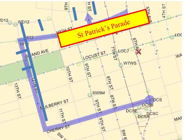 3,15,16,17,52,60 Ing, Link to DCS: 7th St (S), Right (W) on High, Left (S) on 12th,  Left (E) on Cherry, to DCS. 3,15,16,17,52,60 Uni from DCS: Left (W) on Cherry, Right (N) on 12th Right (E) High, Route 16, LEFT (N) ON 8TH, Left (N) on 6th Ave back to route. 5, & 14 to DCS:  10th St (S), Left (E) on Cherry, to DCS. 5, & 14 From DCS: Left (W) on Cherry,  Right (N) on 10th, Route 14 Left (W) on High, back to route. 11 To DCS:  Locust (E), Right (S) on 10th, Left (E) on Cherry to DCS. 11 From DCS: Left (W) on Cherry,  Right (N) on 10th, Left (W) on Grand, back to route. 98 Westbound: 3rd St (S), Right (W) on Watson Powell, Left (S) on 7th St, Right (W) on High, Left (S) on 10th, Right (W) on Grand back to route. 98 Eastbound:  Locust (E), Left (N) on 10th, Right (E) on High, Left (N) on 6th, Right (E) on Watson Powell, Left (N) on 2nd back to route.