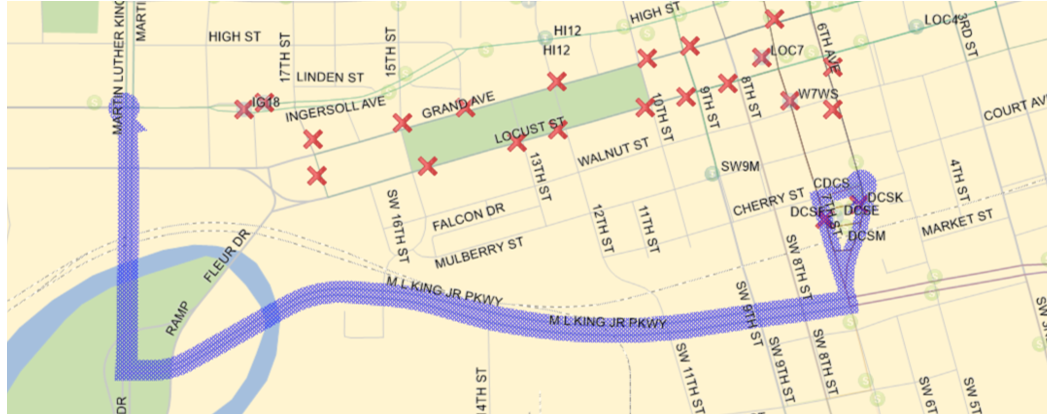 Tuesday April 21, 2026  2pm to 8pm Inbound: From Ingersoll, Right (S) on MLK, Left (E) on MLK, Left (N) on SW 7th to DCS.   8am to Midnight Outbound: From DCS 7th (S), Right (W) on MLK, Right (N) on MLK, Left (W) on Ingersoll back on route.