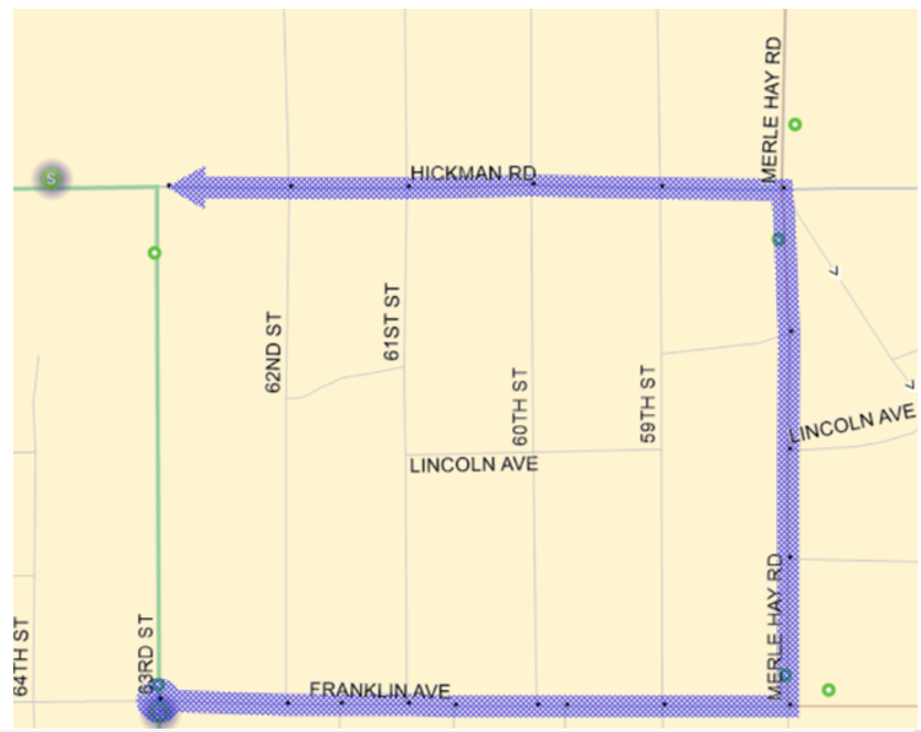 92 outbound: 63rd (N), Right (E) on Franklin, Left (N) on Merl Hay, Left (W) on Hickman Back to Route.