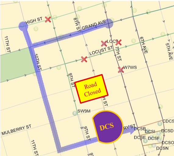 1,3,4,10,15,17,52, & 60 Ing to DCS:  7th (S), Right (W) on Grand, Left (S) on 10th, Left (E) on Cherry to DCS. 5,11,14, & 60Uni to DCS:  Routes 11 & 60 Uni. Locust (E), Right (S) on 10th. Routes 5, & 14 10th (S), Left (E) on Cherry to DCS. 16 to DCS:  9th (S), Right (W) on Grand, Left (S) on 10th, Left (E) on Cherry to DCS.