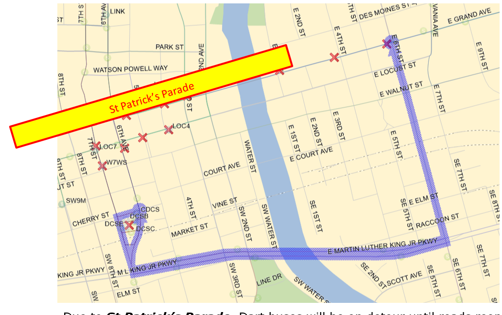 1,4, & 10 from DCS: 7th (S), Left (E) on MLK, Left (N) on SE 6th, Right (E) on Grand back to route. 1,4, & 10 to DCS: Grand (W), Left (S) on E 6th, Right (W) on MLK, Right (N) on SW 6th to DCS.