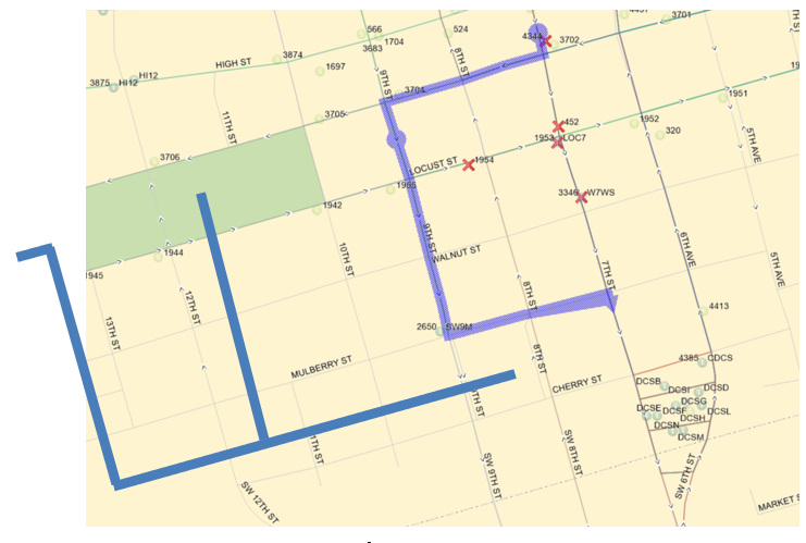 Routes 1,3,4,5,10,11,14,15,16,17,52, & 60’s  1,3,4,10,14,15,16,17,52,60 Ing, Link to DCS:  7th (South), Right (W) on Grand, Left (S) on 9th, Left (E) on Mulberry, Right (S) on 7th to DCS. 5 to DCS: 10th (S), Left (E) on Cherry to DCS. 11,14, & 60Uni to DCS:  Locust (E), Right (S) on 12th Left (E) on Cherry to DCS.