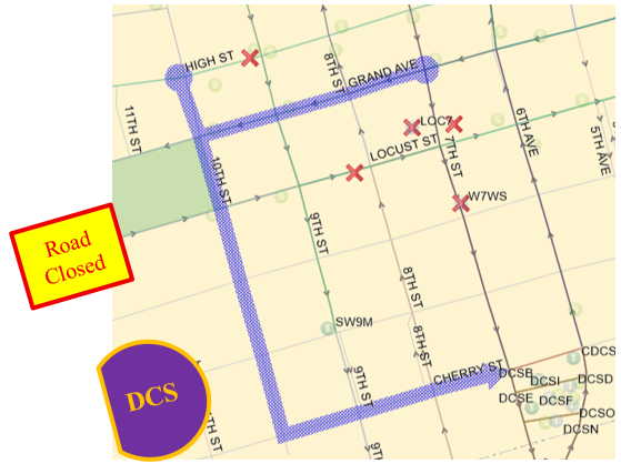 Routes 1,3,4,5,10,11,14,15,16,17,52, & 60’s  1,3,4,10,15,17,52, & 60 Ing to DCS:  7th (S), Right (W) on Grand, Left (S) on 10th, Left (E) on Cherry to DCS. 5,11,14, & 60Uni to DCS:  Routes 11 & 60 Uni. Locust (E), Right (S) on 10th. Routes 5, & 14 10th (S), Left (E) on Cherry to DCS. 16 to DCS:  9th (S), Right (W) on Grand, Left (S) on 10th, Left (E) on Cherry to DCS.