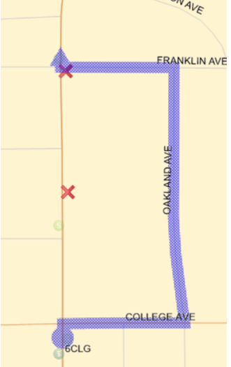 Route 15  15 Outbound: 6th Ave (N), Right (E) on College, Left (N) on Oakland, Left (W) on Franklin, Right (N) on 6th Ave back to route.