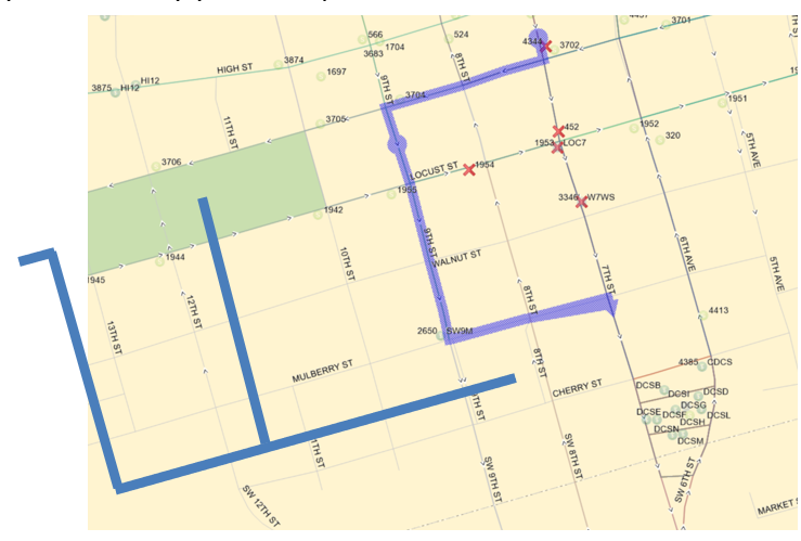 1,3,4,10,14,15,16,17,52,60 Ing, Link to DCS:  7th (South), Right (W) on Grand, Left (S) on 9th, Left (E) on Mulberry, Right (S) on 7th to DCS. 5 to DCS: 10th (S), Left (E) on Cherry to DCS. 11,14, & 60Uni to DCS:  Locust (E), Right (S) on 12th Left (E) on Cherry to DCS.