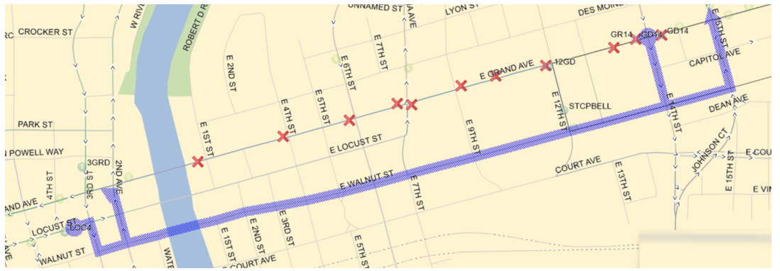 Route 4  4 Outbound: Locust (E), Right (S) on 3rd St., Left (E) on Walnut, Left (N) on E 15th St. back to route. 4 Inbound:  E 14th (S), Right (W) on E Walnut, Right (N) on 2nd Ave., Left (W) on Grand Ave. back to route.