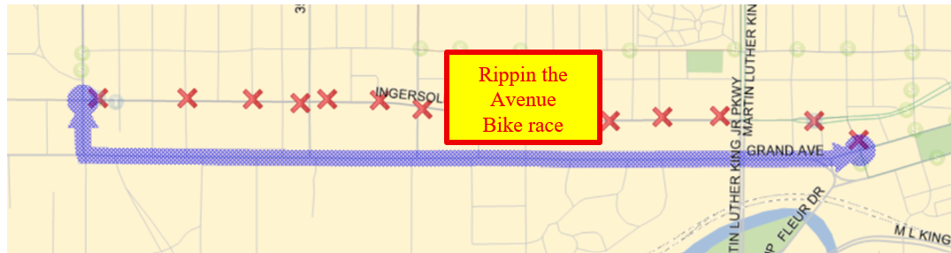 Westbound: Grand Ave (W), Right (N) on 42nd back to route. Eastbound: 42nd (S), Left (E) on Grand, Right (S) on 17th back to route.