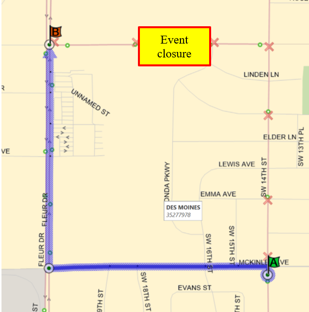 Inbound: SW 14th (N), Left (W) on Mckinley Ave, Right (N) on Fleur Dr back to route. Outbound: Fleur Dr (S), Left (E) on McKinley Ave, Right (S) on SW 14th back to route.
