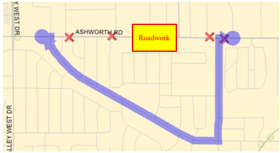 Route 72 72 Westbound: Ashworth (W), Left (S) on 19th, Right (W) on Vine, Left (W) on Ashworth back on route. 72 Eastbound: Ashworth (E), Right (SE) on Vine, Left (N) on 19th, Right (E) on Ashworth back on route.