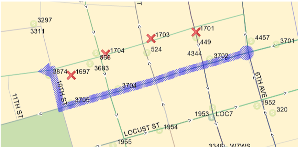 Westbound: From 6th Ave, Grand (W), Right (N) 10th, Left (W) on High St.,  Back on Route.