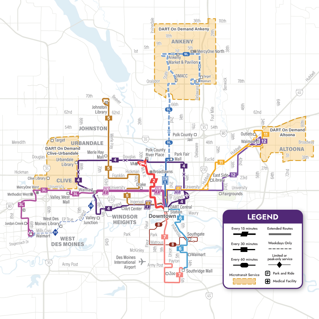 Map of new bus routes. See Turn-by-Turn directions for more details on new routes.