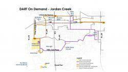 Map of proposed Jordan Creek DART On Demand Zone including Local Routes 52 and 72