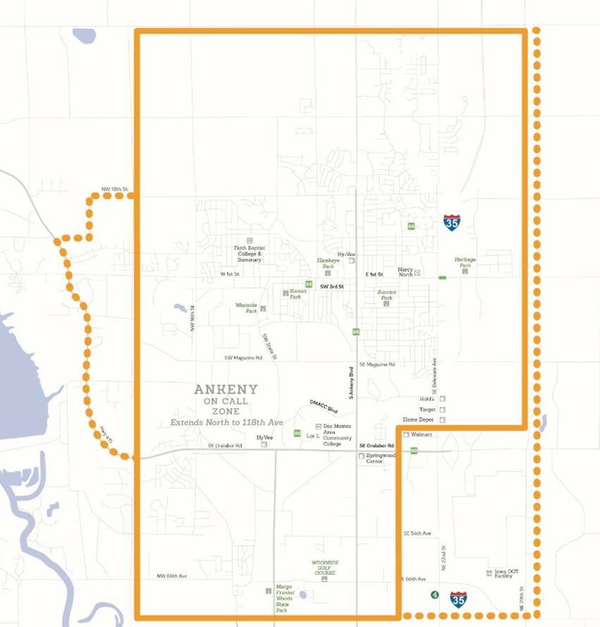 Map of Ankeny showing On Call shuttle zone and portions of Express Route 98