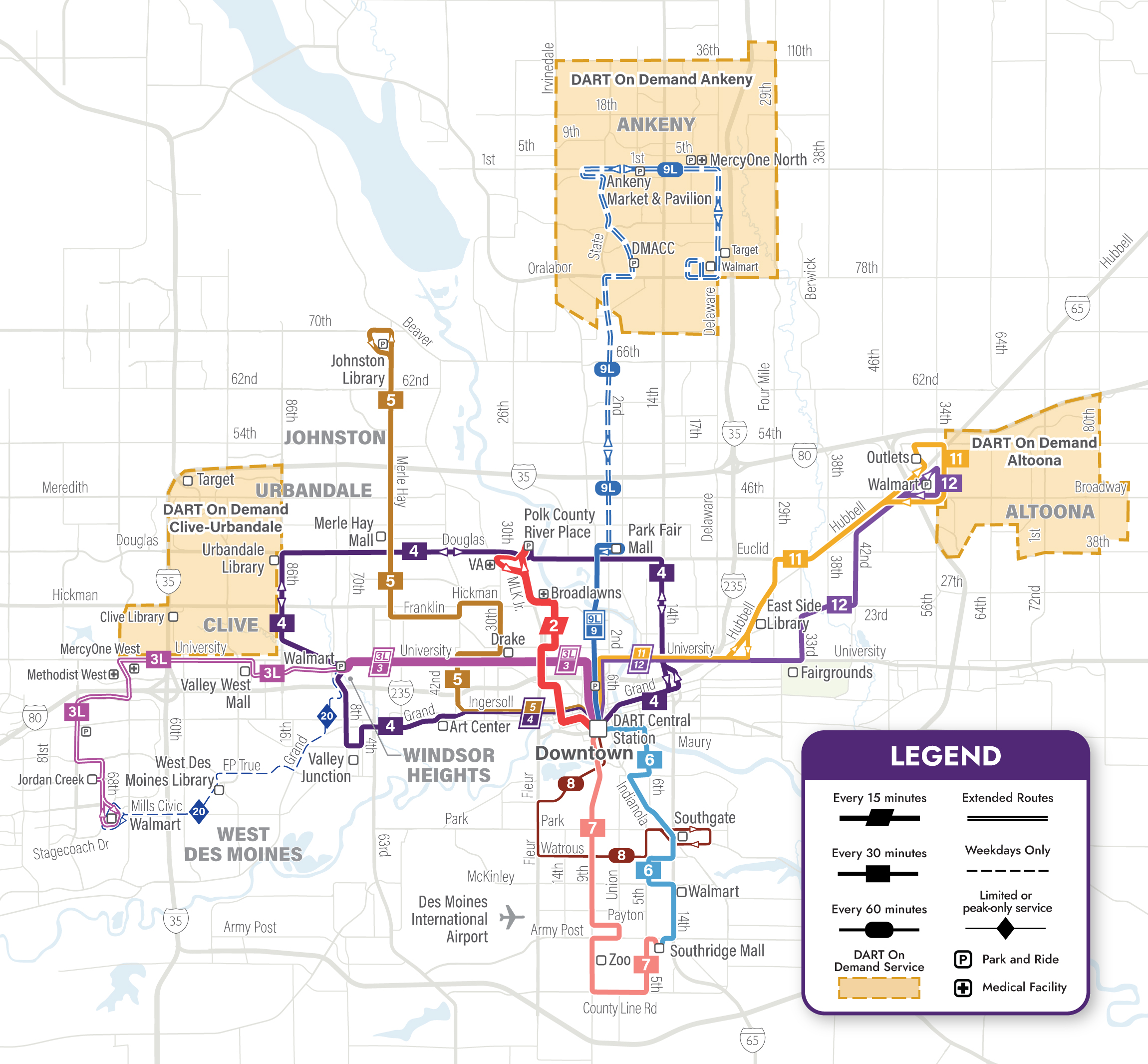 A map of the new network map. See text below for more information about main streets served.